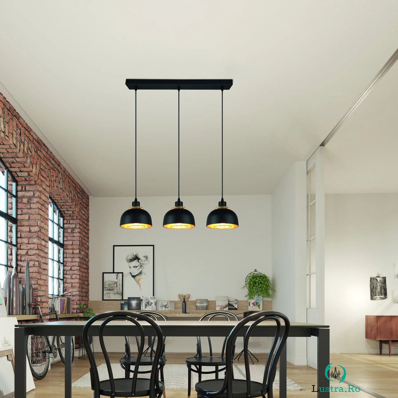 Lustra Punch, RL, 74x18x150 cm, 40W, 3x E27, metal, negru mat